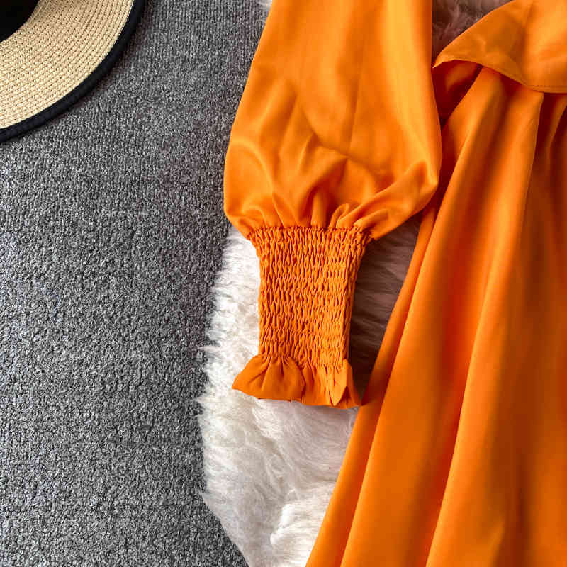 New Spring Summer Fashion Color Block Holiday Dress Women Lantern Sleeve V-Neck Contrast Fold Crossing Ladies Long Dress 210409