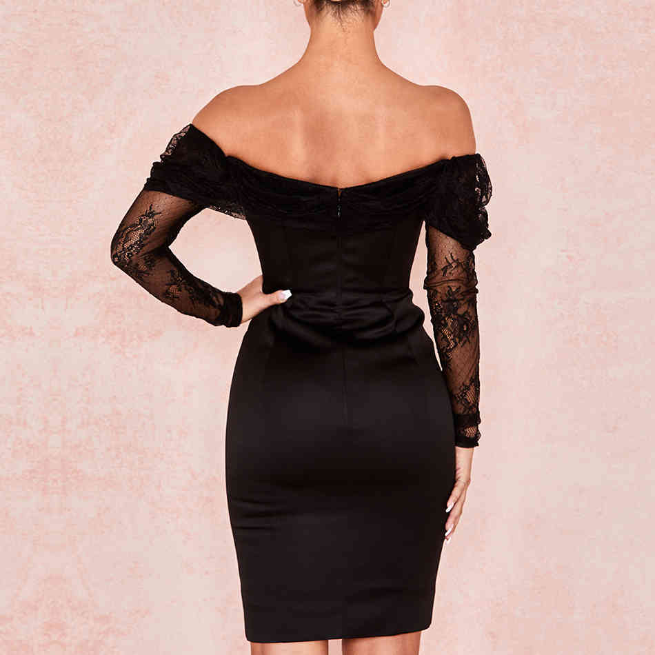 Summer OffShoulder Dress Women Sexy Black Long Sleeve Lace Elegant Bodycon Club Celebrity Runway Party Vestidos 210423