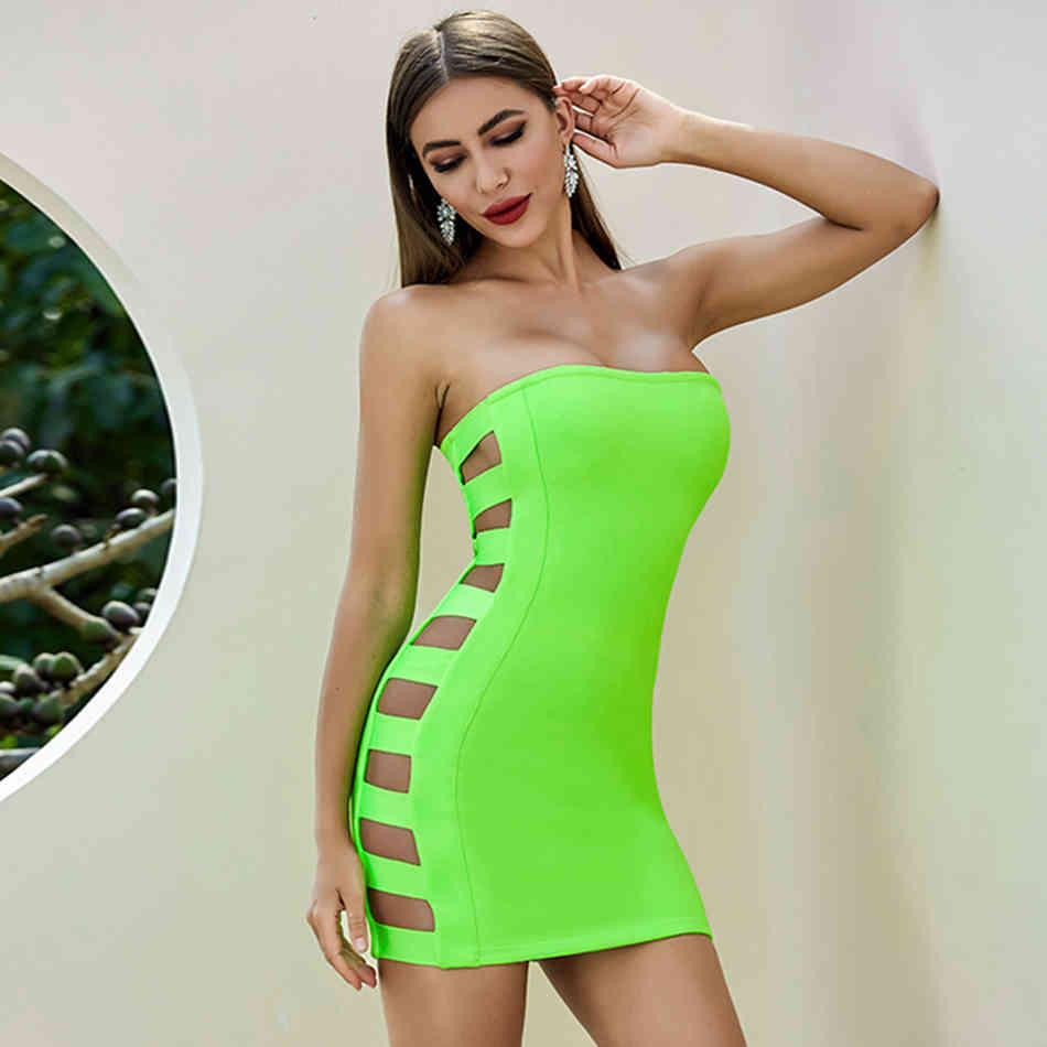 Summer Women Green Bodycon Bandage Dress Sexy Hollow Out Strapless Mini Celebrity Runway Club Party Dresses Vestidos 210423
