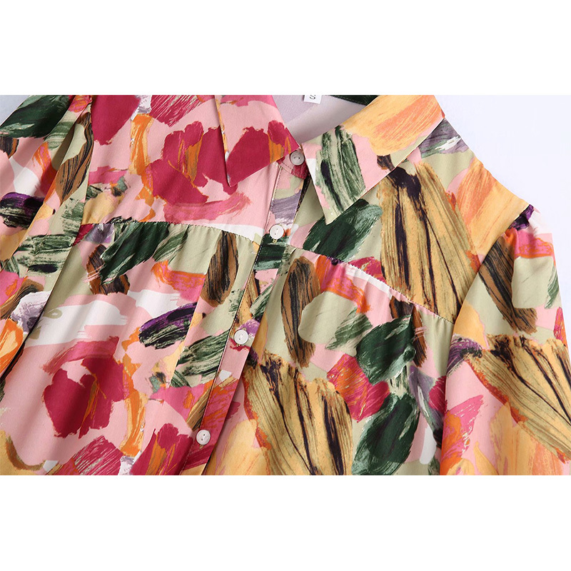 Summer Women Printed Dress Buttoned Pleated Shirt Style Short Chic Lady Fashion Casual Clothes 210517