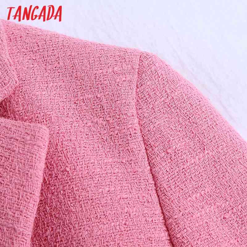 Women Pink Tweed Blazers Coat Vintage Notched Collar Short Sleeve Fashion Female Outerwear Chic Tops BE519 210416