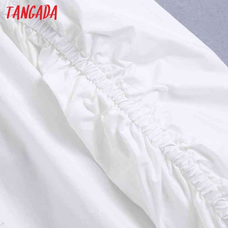 Women Fashion Pleated Crop White Blouses Vintage V Neck Three Quarter Sleeve Female Shirts Chic Tops BE518 210416