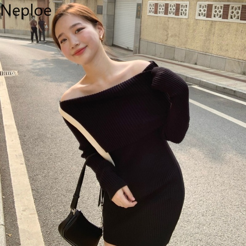 Neploe Sexy Slash Neck Knitted Dress Off Shoulder Long Sleeve Slim Fit Vestidos Fall Cothes Robe Bodycon Mini Dresses for Women 210422