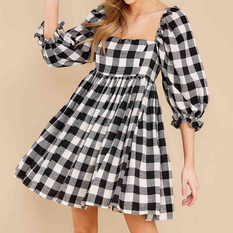 Vintage Plaid Dress Elegant Women Sexy Square Neck Puff Sleeve A-line Cotton Casual Summer Short Vestido 210430