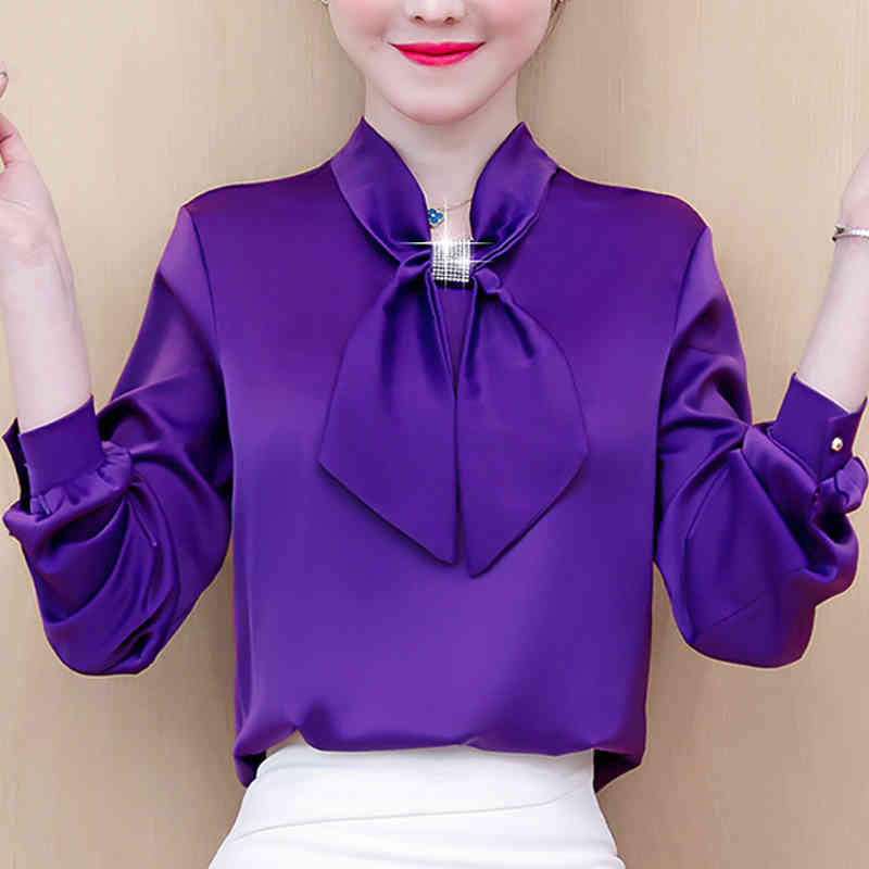 Elegant Women Long Sleeve Blouse Blouses Spring Autumn OL Style Shirt Fashion Rhinestone Ribbon Tops Blusas 10317 210427