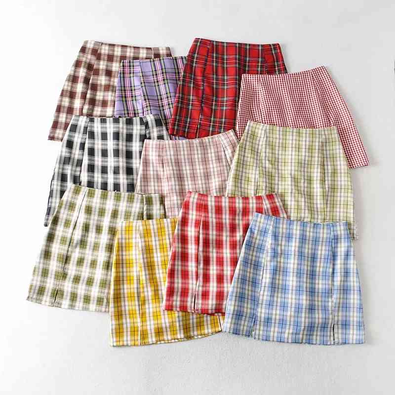 Women Split Details Plaid Mini Skirt with Under Shorts Skort In Check 210619