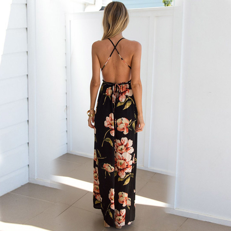 Summer dress Floral Vestidos Mujeres Sexy Maxi Dress Long Pleated Dresses Backless robe femme longue evenning-dress 210515