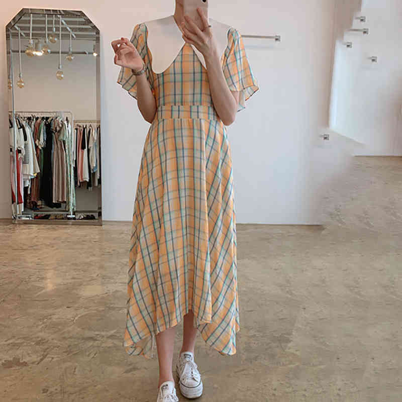 SHENGPLLAE Sweet Plaid Dress Women's Summer Peter Pan Collor Contrast Waist Irregular Flying Sleeve Mid-calf Dresses 210427