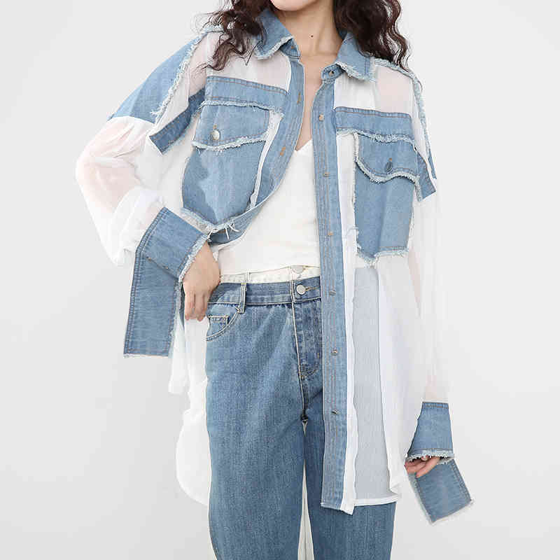 [EAM] Women Chiffon Burrs Denim Big Size Blouse Lapel Long Sleeve Loose Fit Shirt Fashion Spring Autumn 1DD127300 210512