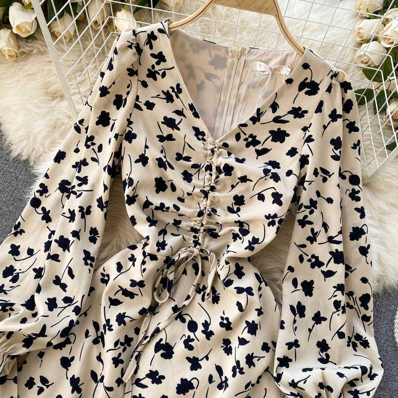 Women Fashion Ins V Collar Long Sleeve Draw Rope Pleated Slim Flower Print A-line Dress Vestidos De Mujer R942 210527