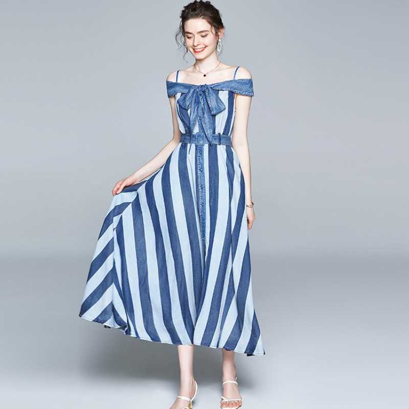 Fashion Summer Denim stripe Bow sexy slash neck Single Breasted elegant Belt Big Swing Maxi Dress Femme Robe 210526, Photo color
Fashion Summer Denim stripe Bow sexy slash neck Single Breasted elegant Belt Big Swing Maxi Dress Femme Robe 210526, Photo color
