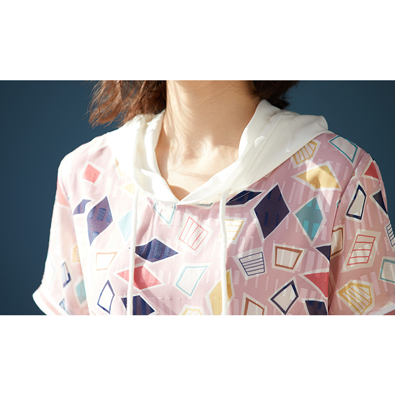 Plus Size Hooded Geometry Printing Women Chiffon Spring Summer Short Sleeve Ladies Loose Medium Long TShirt Dress D12801X 210416