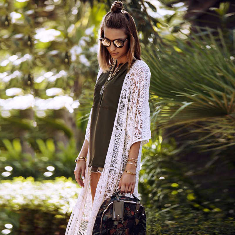 Lace Beach Cover Up Kaftan Dress Summer Women Sexy Tassel Hollow Out See-through Robe White wear 210604