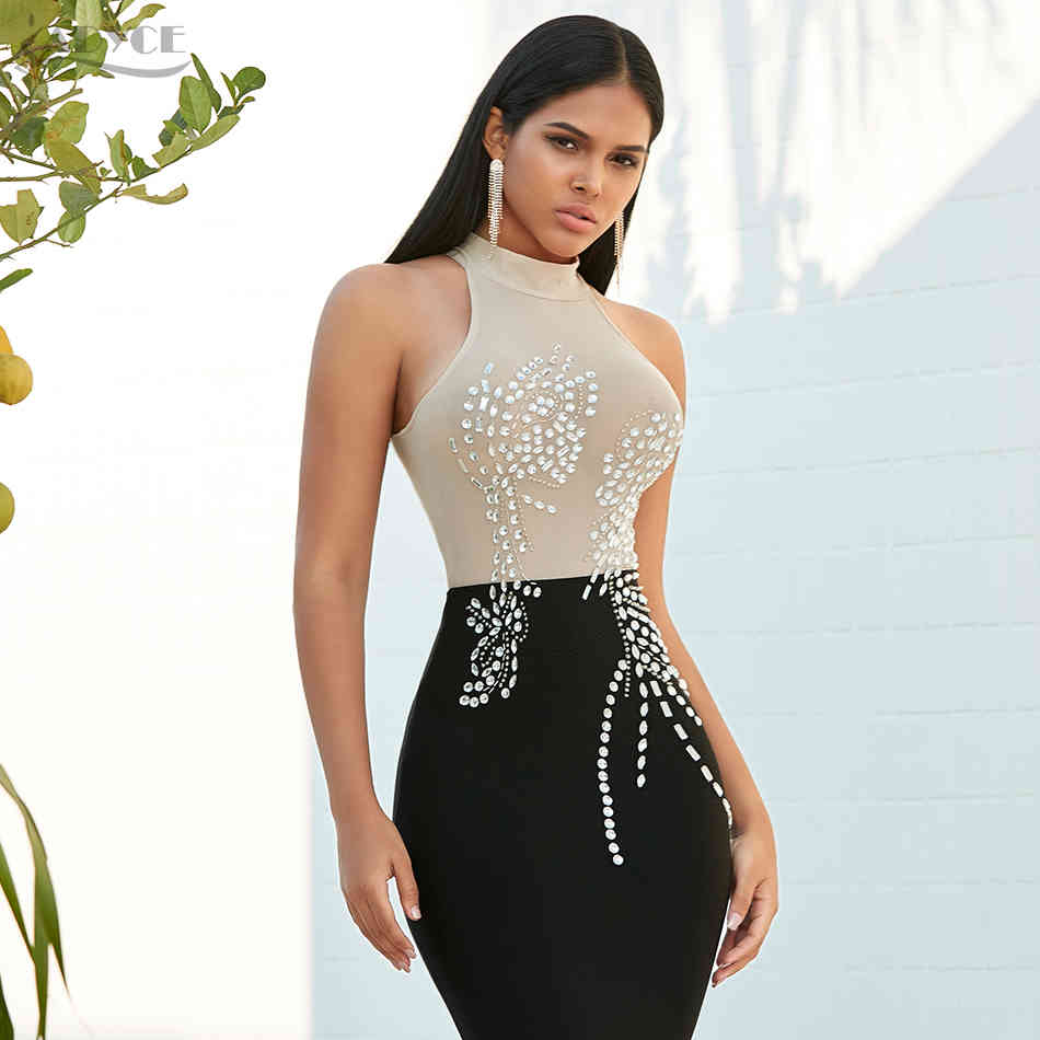 Summer Black Lace Bodycon Bandage Dress Sexy Halter Sleeveless Diamond Club Midi Celebrity Evening Party Vestido 210423