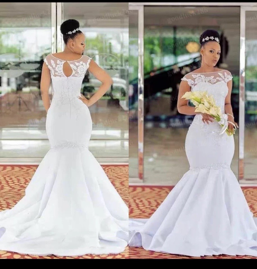 Sheer Neck Scoop Capped Mermaid Wedding Dresses Bridal Gowns Appliqued Zipper for African Brides, White
Sheer Neck Scoop Capped Mermaid Wedding Dresses Bridal Gowns Appliqued Zipper for African Brides, White