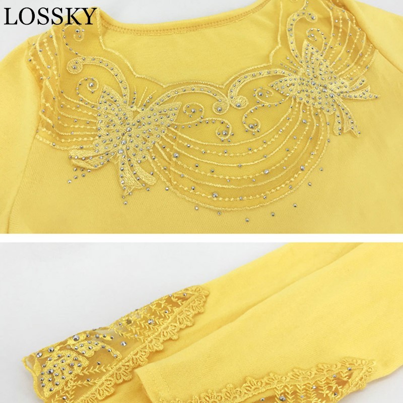 Autumn Winter Mesh Lace Beading Patchwork Sexy Bodycon Women's T-shirt Slim Long Sleeve Black Tshirt Female Shirt Blusas 210507