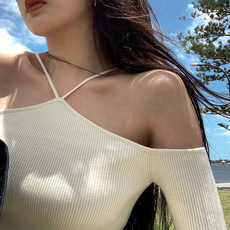 Sweater Mujer Sexy Off Shoulder Slim Knitted Sweaters Long Sleeve Pull Femme Autumn Vintage Chandails White Black Top Women 211011Z