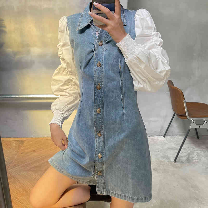 Dresses Casual Vintage Puff Long Sleeve Turn Down Collar Denim Dress Women Single-breasted Patchwork Vestidos Mujer Knee Street 210429