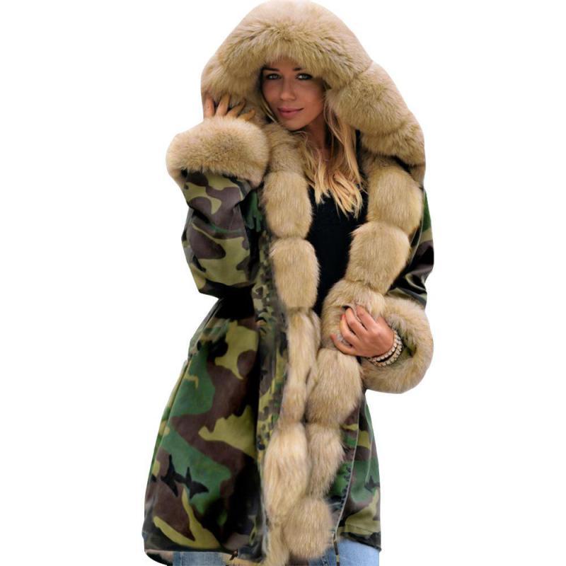 GetSpring Women Parka Winter Outwear Jacket Coat Camouflage Down With Fur Hood s 210513