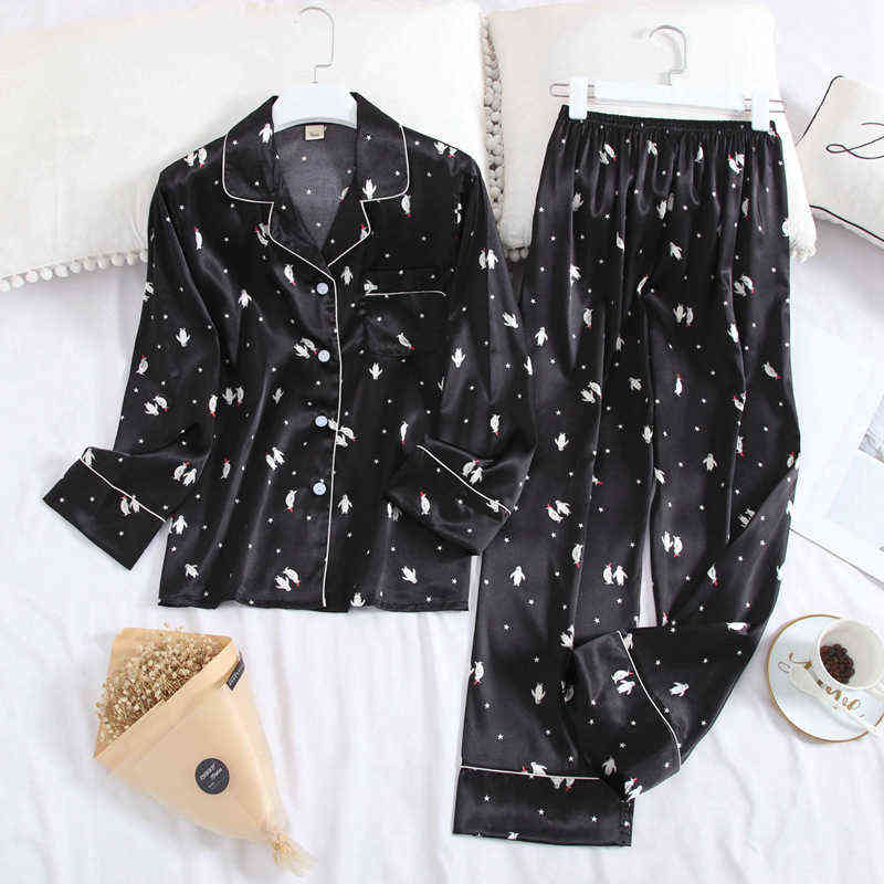 Ice Silk Satin Lapel Women Pajama Set Printing Fashion Pajamas Long Sleeve Pyjamas Set 211109