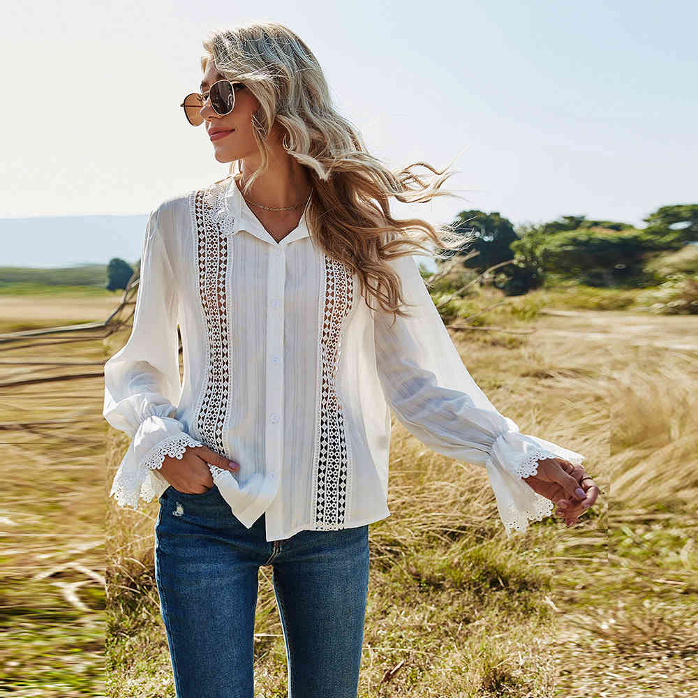 Women Hollow Lace Patchwork Blouses Elegant Stand Neck Flare Long Sleeve White Shirts Spring Single Breasted Office Ladies Tops 210522