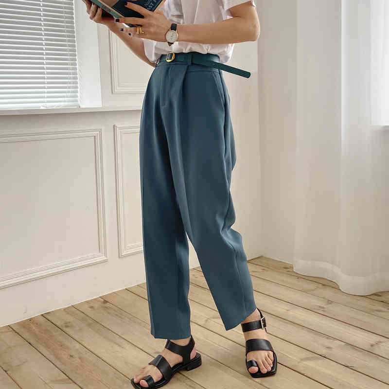 Retro British Suit Pants Solid Loose Trousers Plus Size Casual High Waist Pencil Pants Women Bottoms With Belt 210515