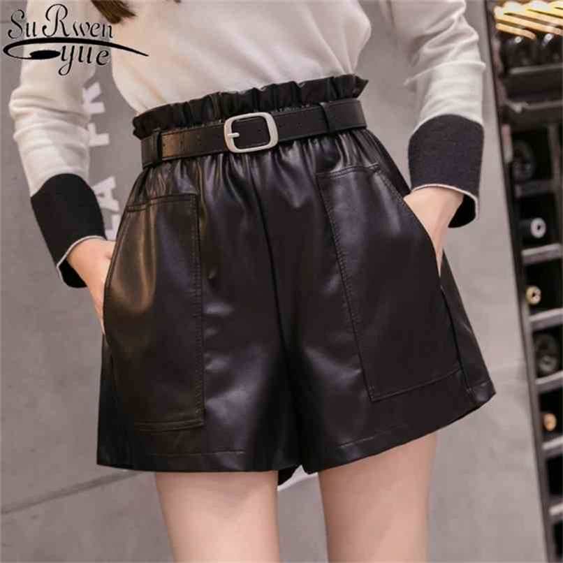Fashion High Waist Shorts Girls A-line Elegant Leather Bottoms Wide-legged Autumn Winter Women 6312 50 210714