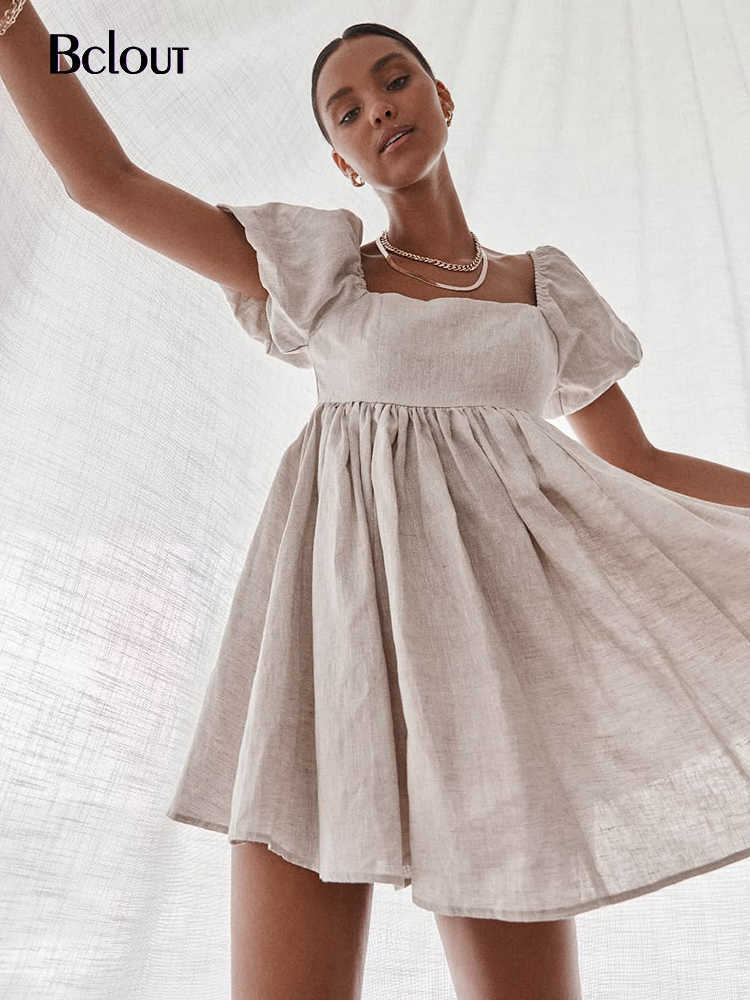 Bclout Vintage Sexy Square Collar Short Dress Woman Elegant High Waist A-Line Dresses Spring Puff Sleeve Casual Vestido 210630