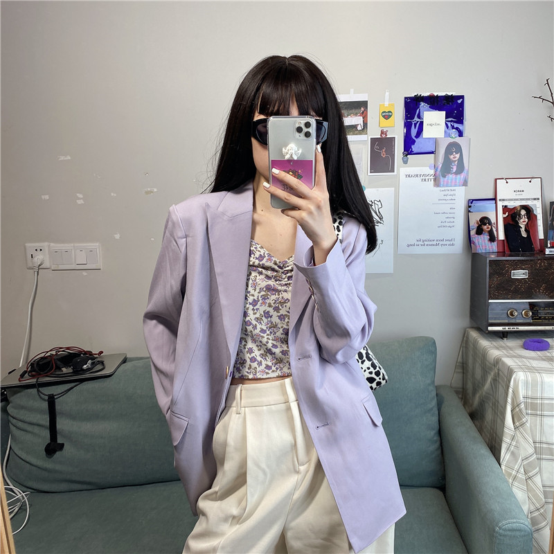 Spring Women Purple Thin OL Elegant Korean Chic Blazer Feminino Sweet Solid Coat Vintage 16213 210415