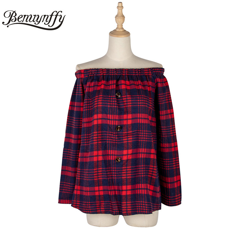 Button Front Plaid Off Shoulder Top Women Autumn Slash neck Long Sleeve Tops Loose Casual Streetwear Ladies Blouses 210510