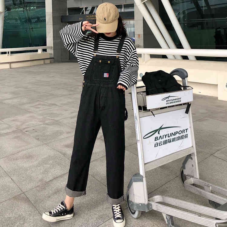 SML jeans womens autumn loose Black straight pants trousers jumpsuit korean casual loose denim overalls womens (72727 210423
