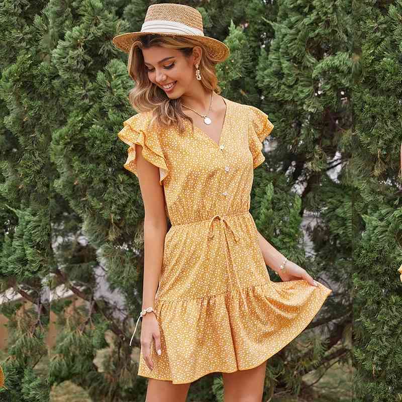 Women Sexy V Neck Lace Up Mini Dress Printing Polka Dot Short Sleeve Ruffle Dress Summer Tunic Beach Party Sundress Female 210415