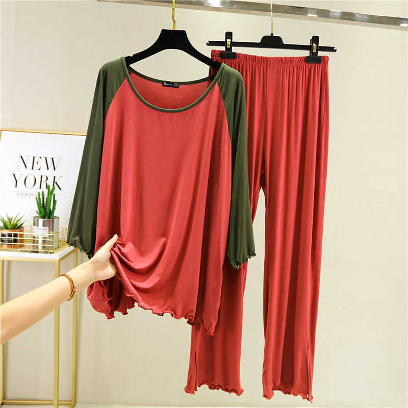 Women's Modal Pajamas Sex Sleepwear Set Top Women Solid Pajama Set 2Piece/Suit Full Sleeves Shirt Pant Lingerie Mom Homewear 210924