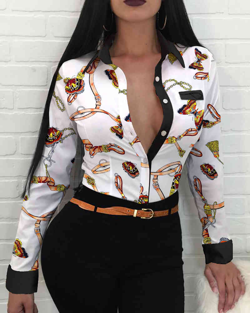 Spring Autumn Women's Floral Shirt New Femme Chain Scarf Print Button Front Long Sleeve Shirt Office Ladies Elegant Outfits 210415