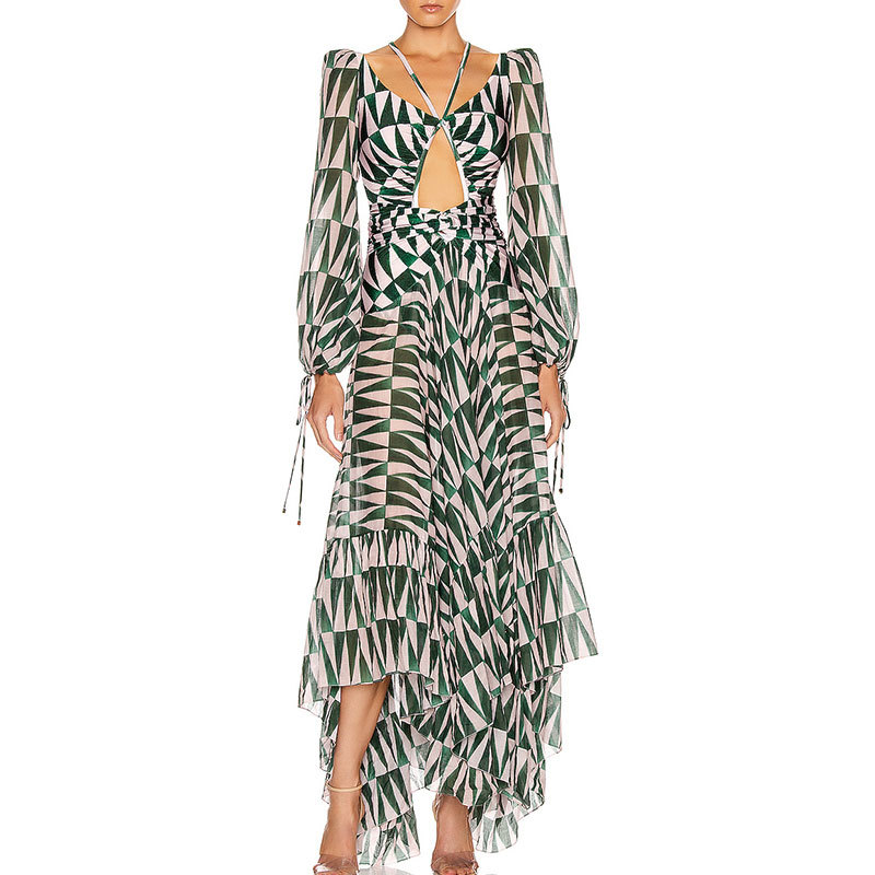 Vintage Geometric Print Bikini Cover-ups Sexy Cross Open Back Long Sleeve Summer Dress Women Beach Wear Swim Suit Cover Up A888 210420