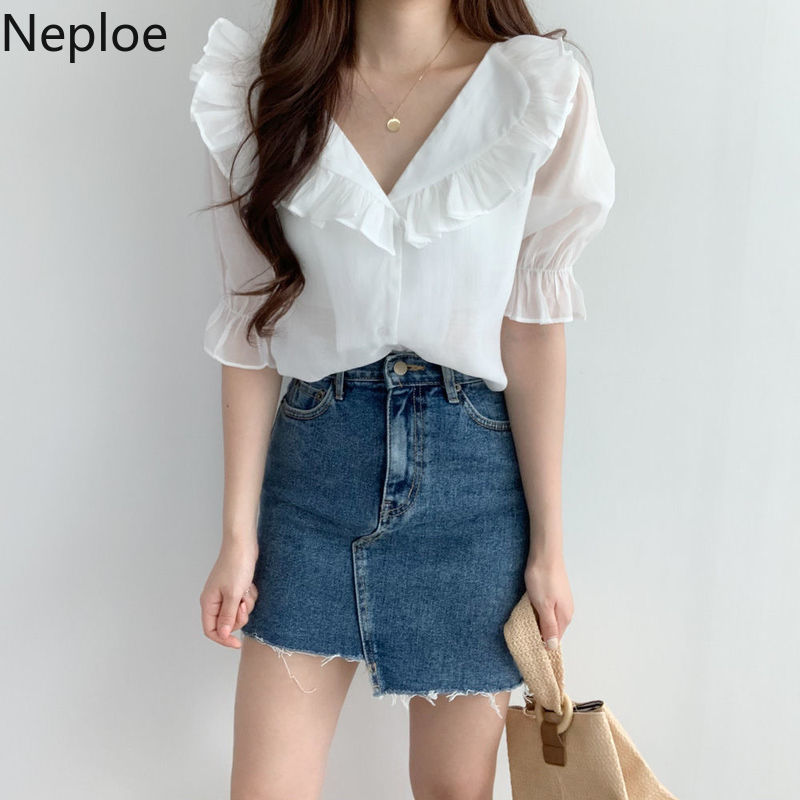 Neploe Korean Summer Shirts Chic Ruffles Elegant Blouses Women Clothes Sweet Puff Lseeve Chiffon Tops Blusas Mujer De Moda 210422