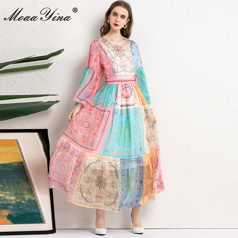 Women's Summer Retro Vacation Dresses Loose Long sleeve Colorblock printing High waist Chiffon Maxi Dress 210524