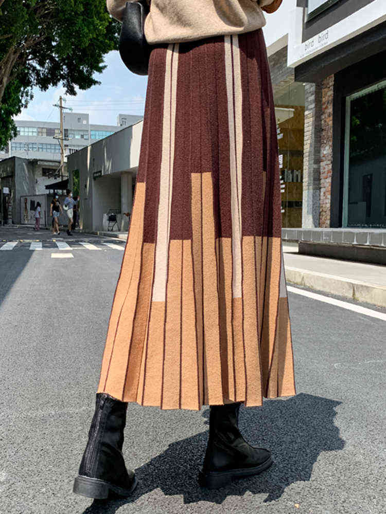 TIGENA Autumn Winter Women Knitted Midi Skirt Vintage Contrast Striped A Line High Waist Pleated Long Skirt Female Ladies 211119