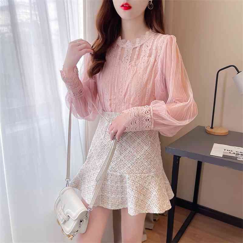 Spring Sweet Mesh Patchwork Lace Shirt Two Pieces Set + Trumpet Mermaid High Waist Tweed Woollen Skirt Suit 210520