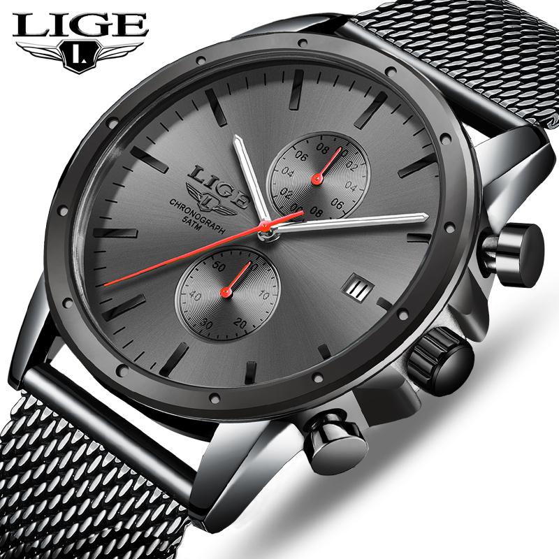 Wristwatches 2021 LIGE Black Casual Mesh Belt Fashion Quartz Gold Watch Mens Watches Top Waterproof Clock Relogio Masculino, Gray blue