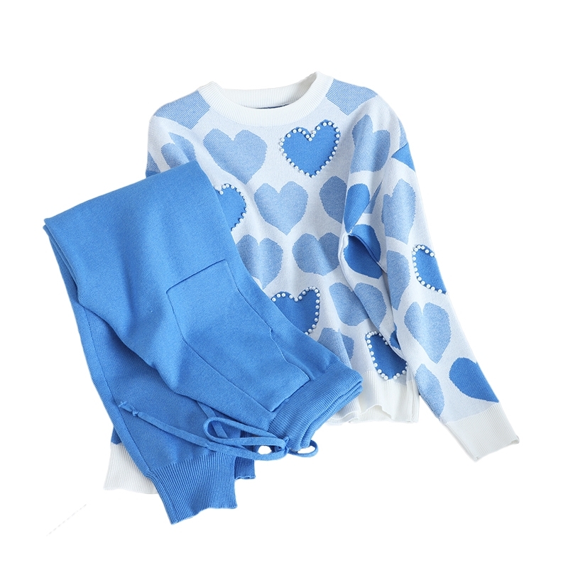 Autumn Womens Knit Outfits Love Heart Long Sleeve Pullover Sweater + Lace Up Waist Ankle Harem Pants Two Piece Set 210519