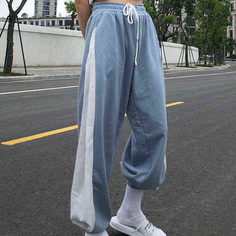 White Blue Contrast Loose Jogging Pant High Waist Drawstring Trousers Casual Female Korean Streetwear 211124Z
