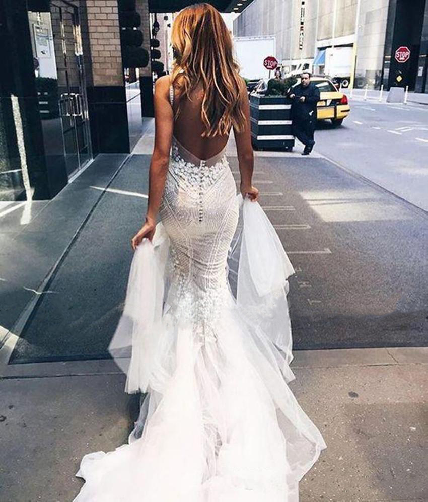 Pallas Couture 2020 Lace Floral Long Train Mermaid Beach Wedding Dresses Custom Make V-neck Full length Fishtail Bridal Wedding Gown 2044