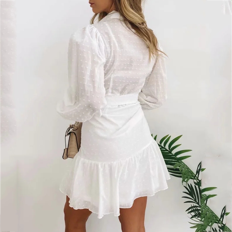 Polka Dot Dobby White Long Sleeve Dress Shirt Women Button Sash Transparent Short Dress Casual Spring Autumn Vintage Dress 210415