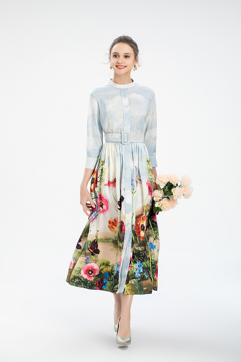 Women's Runway Dresses O Neck 3/4 Sleeves Printed Fashion Autumn Mid Calf Dress Vestidos
