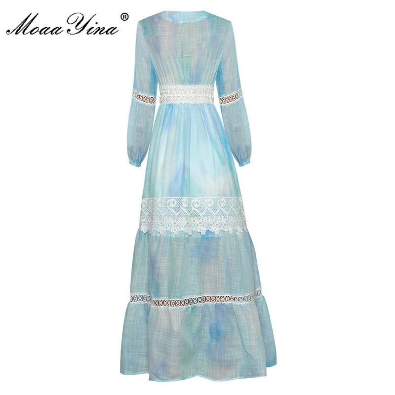 Fashion Runway Summer Women V-neck Lantern sleeve Hollow out Single-breasted Print Long Holiday Party Gown Dress 210524