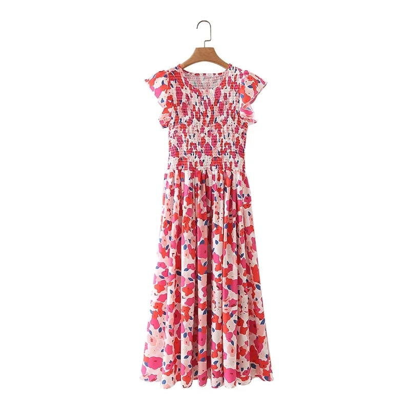 Summer Women Elegant Print Elastic Bust Midi Dress Female Butterfly Sleeve Clothes Casual Lady Loose Vestido D7779 210430