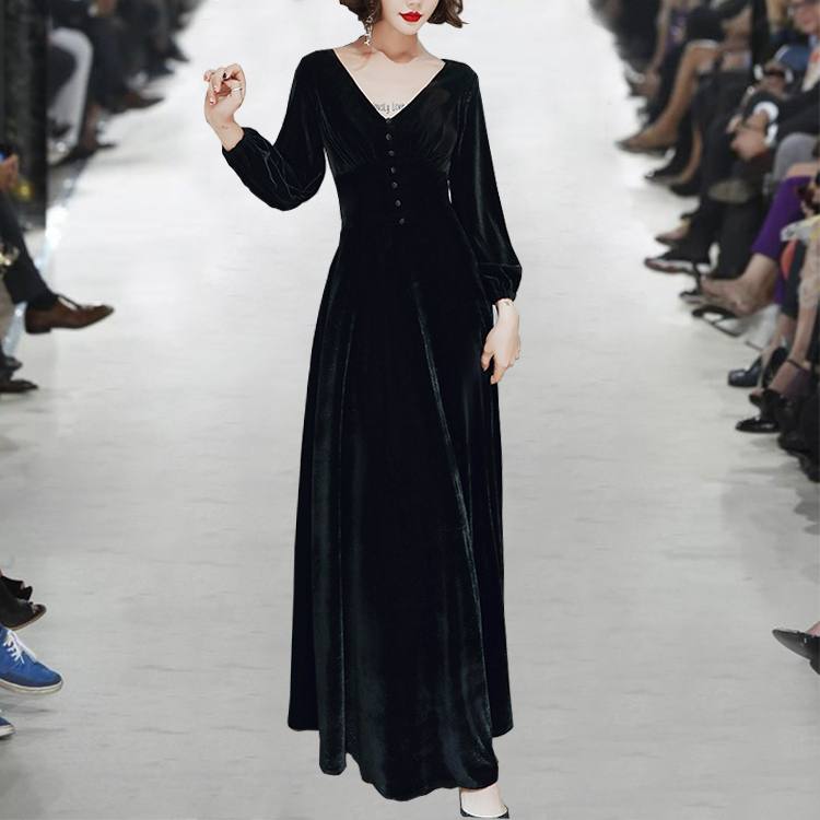 Autumn Winter Velvet Lantern Sleeve Sexy V-Neck Women Dress Elegant High Waist Ladies Formal Slim Big swing Dresses 210519