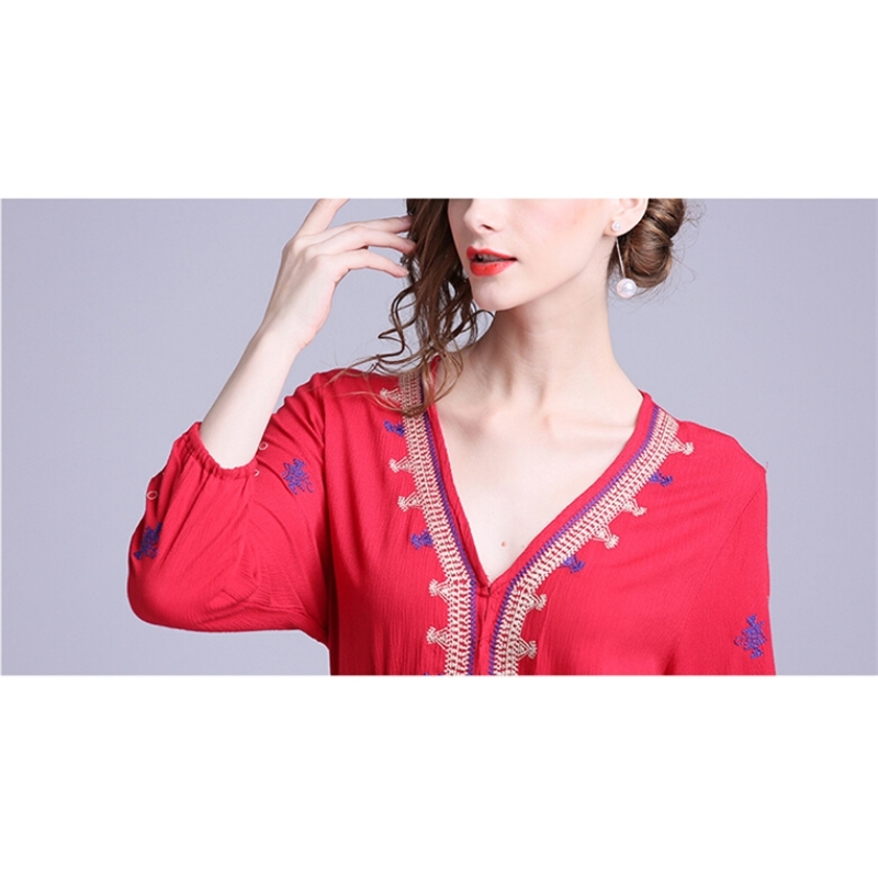 Sexy V-Neck Embroidered Long Sleeve Red Runway Dress Robe Women Winter Style Dresses Vestidos 210520