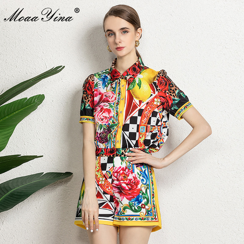 Fashion Runway Summer Two Piece Sets Women's Floral Print Loose Shirts and Shorts Suit 210524